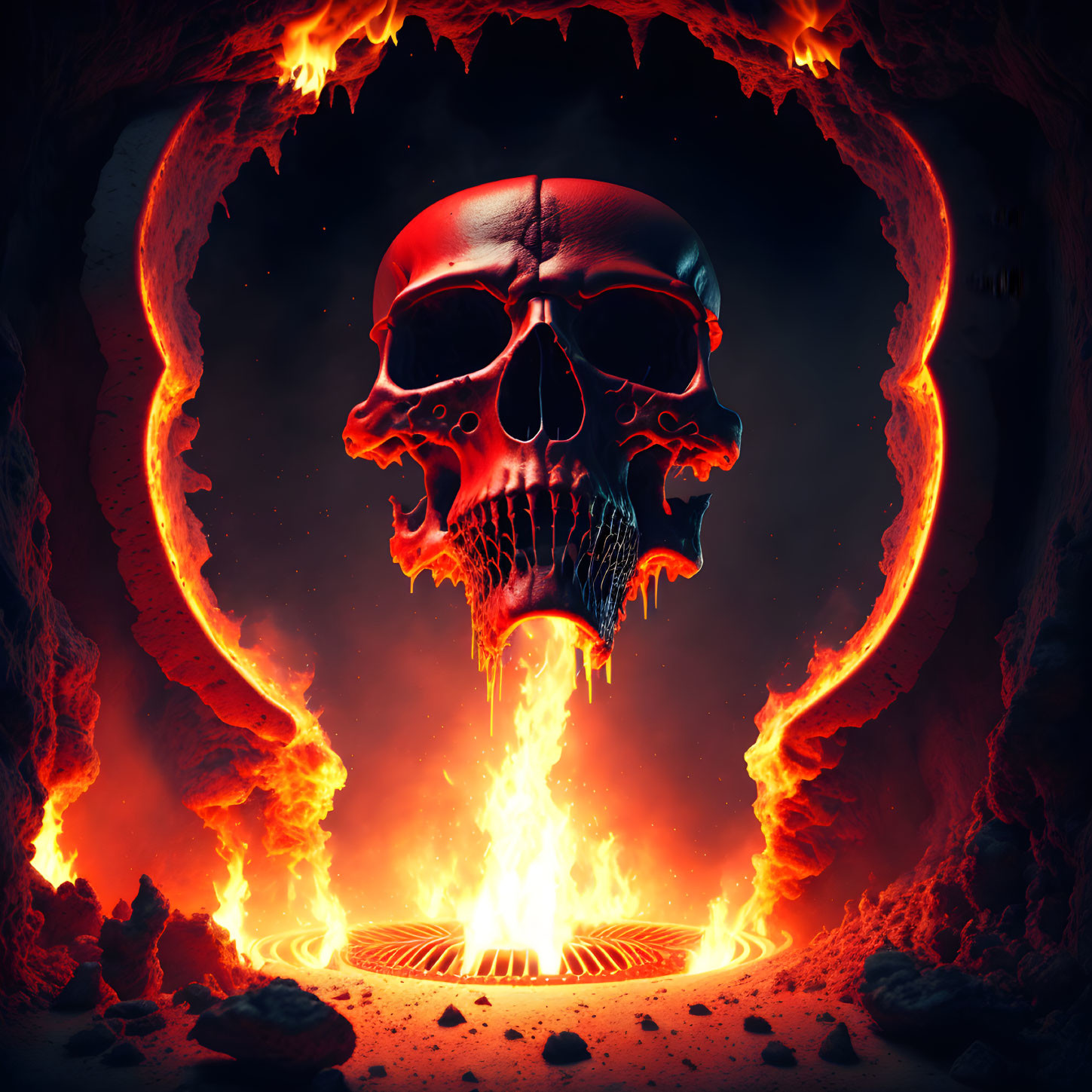 Flaming skull in fiery cave with ring of fire