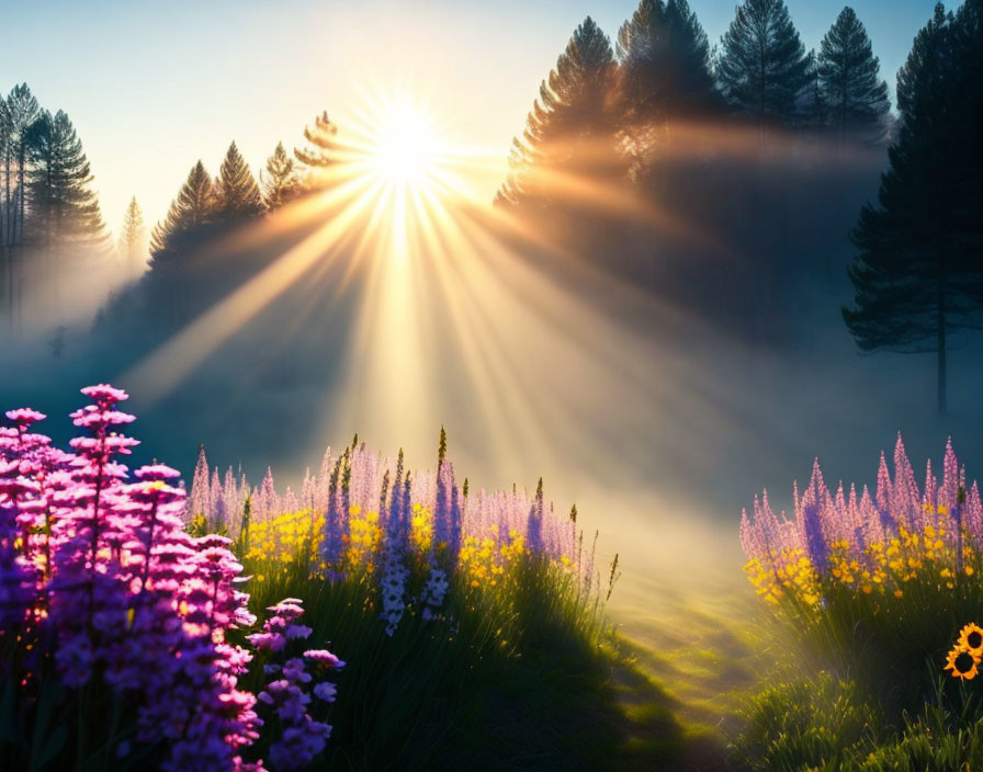 Forest sunrise with vibrant wildflowers in mist