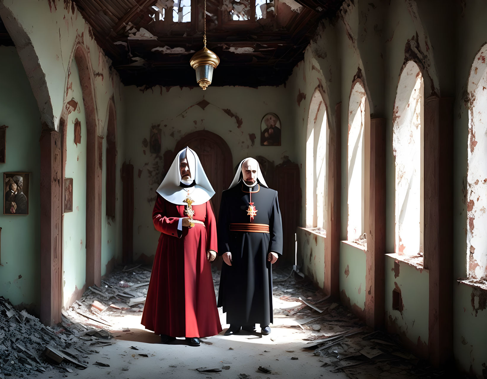 Dilapidated church interior with nun and priest costumes