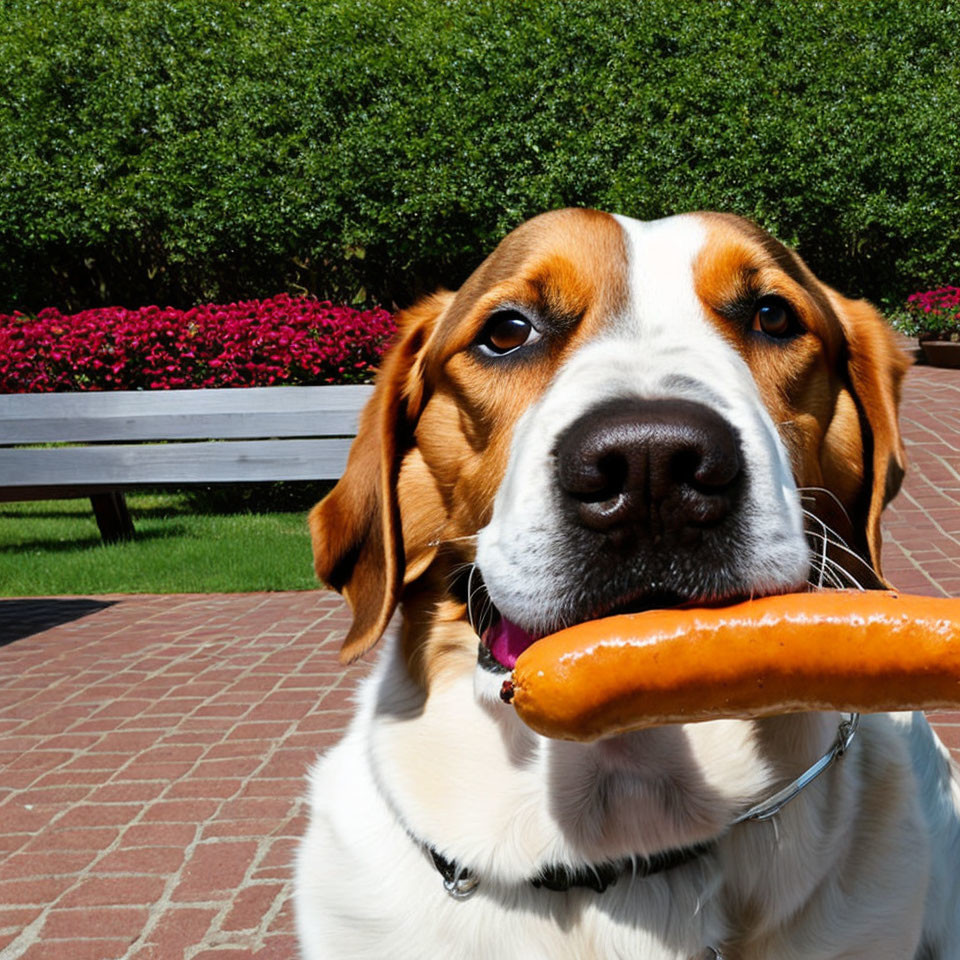 A dog eats a hotdog