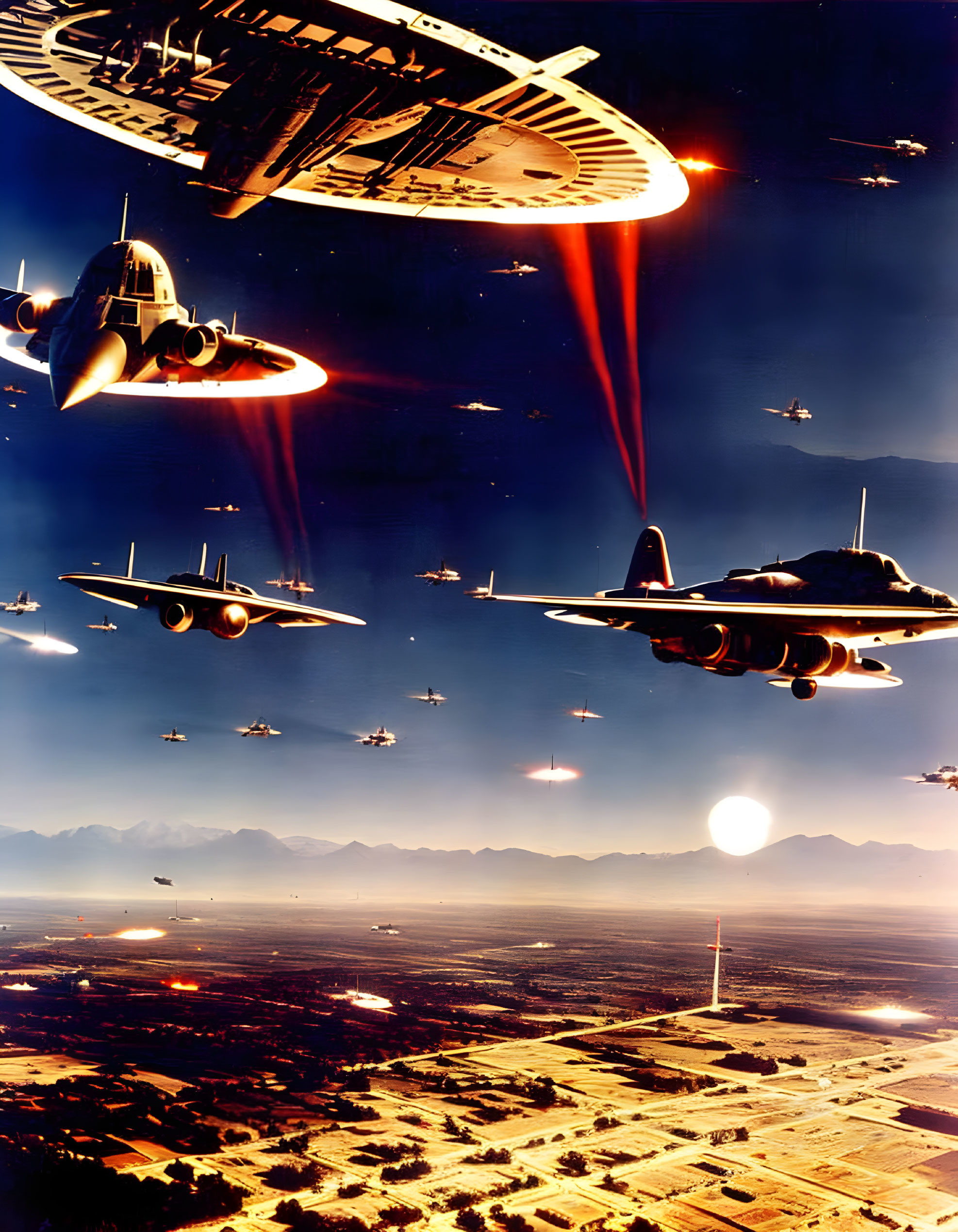 Futuristic sci-fi air battle over cityscape at sunset