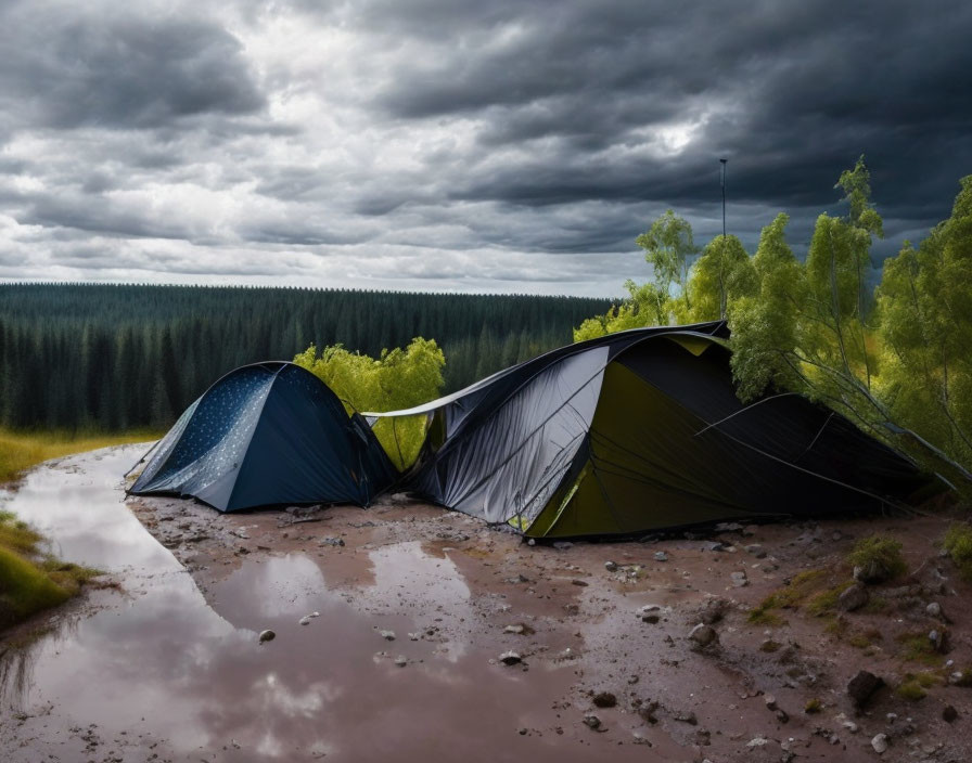 Camping tents near puddle under stormy sky in forest