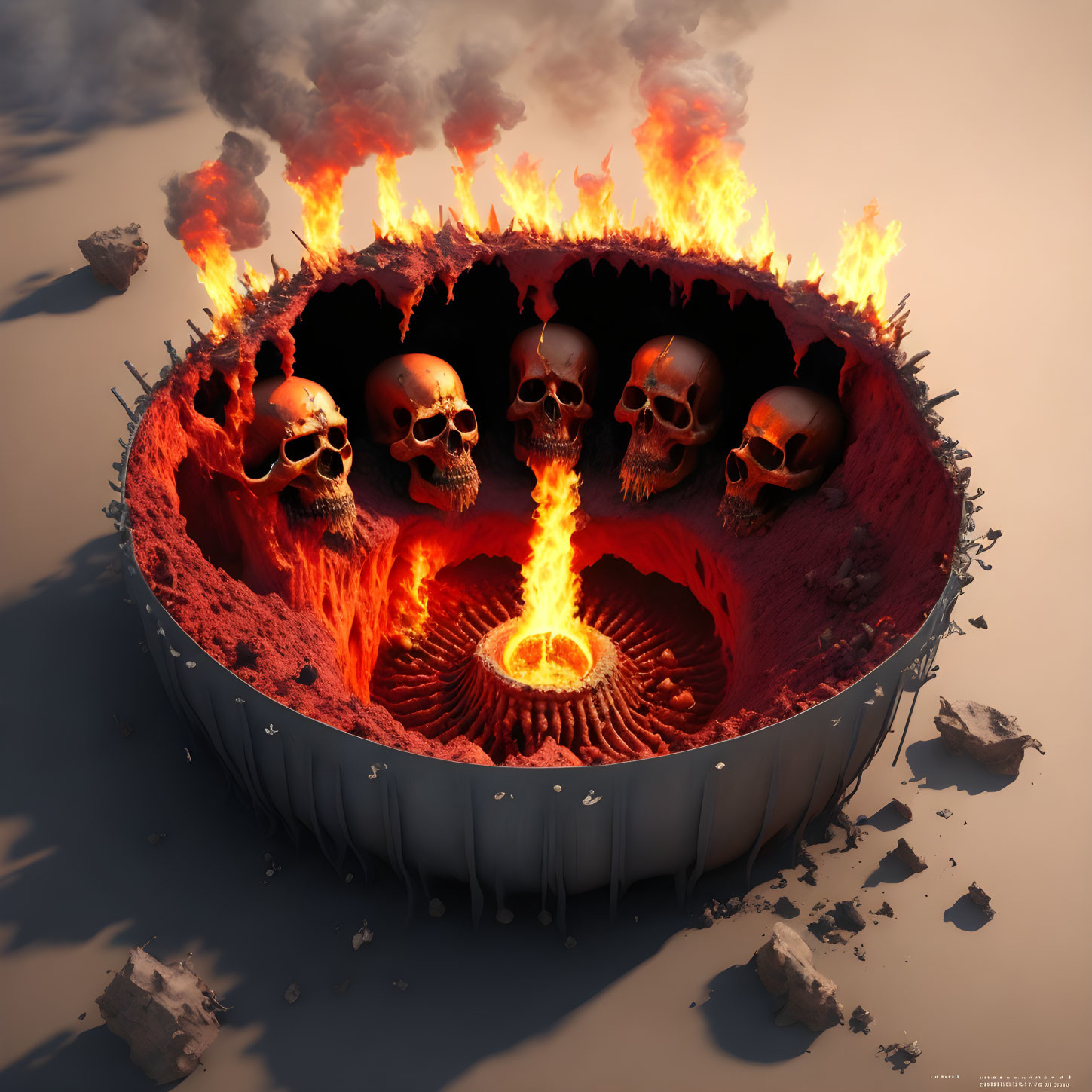 Fiery volcanic crater with skulls emitting smoke at dusk