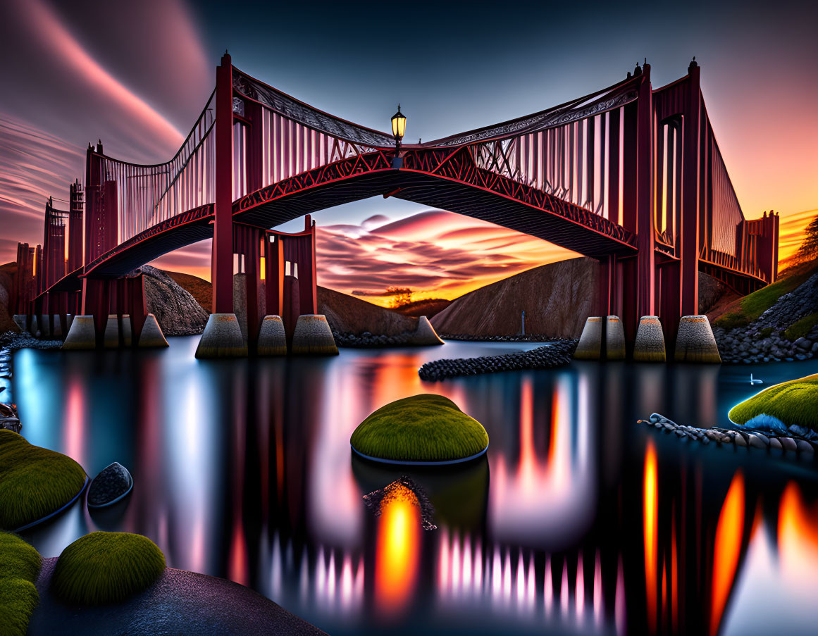 Red bridge over calm water at sunset with vivid sky and lamp posts