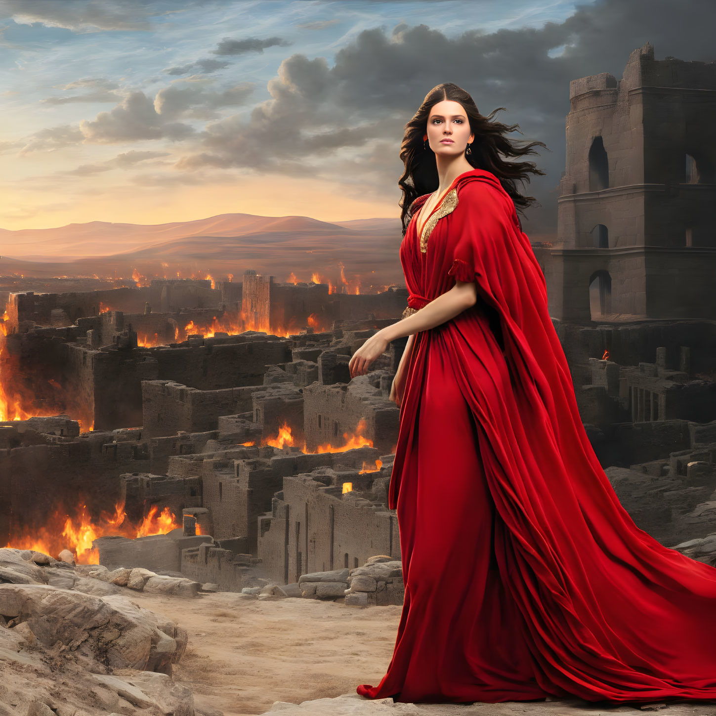 Woman in red dress gazes at burning ancient city at sunset