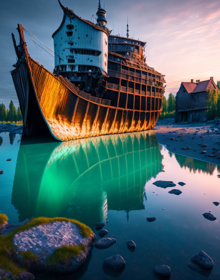 Abandoned shipwreck at riverbank with sunset reflections