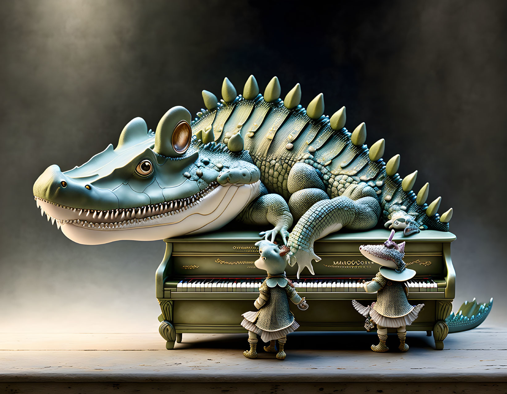 Anthropomorphic crocodiles in whimsical music scene