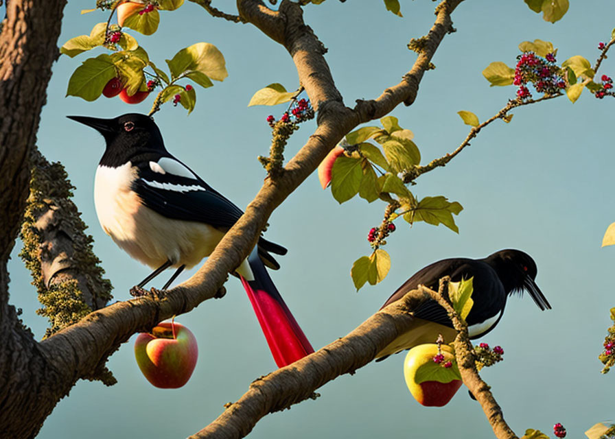 Two magpies on apple tree branches with ripe red apples and berries under clear sky