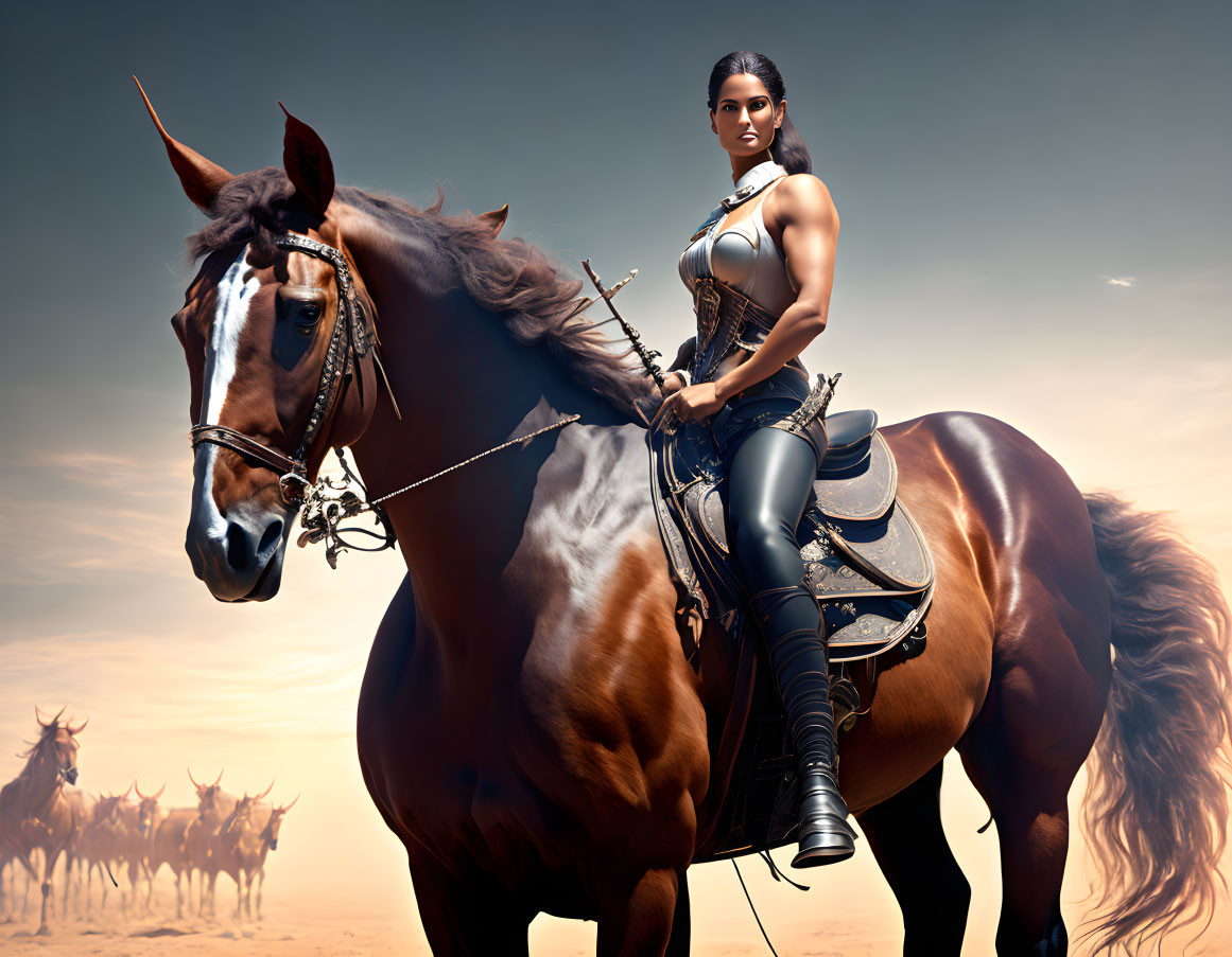 Warrior woman in armor on horse under dramatic sky with riders' silhouettes