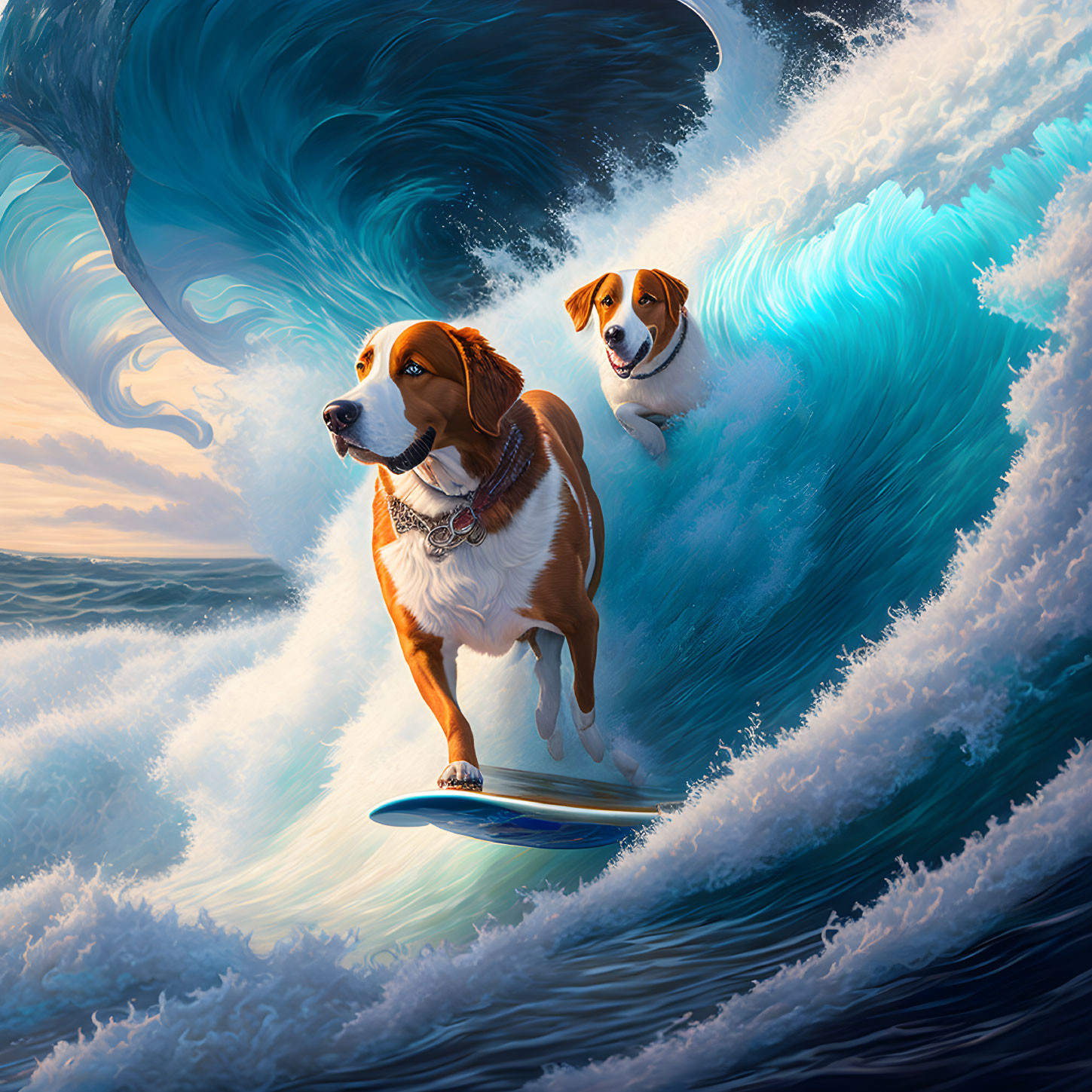 Two dogs surfing a large ocean wave under a warm sun