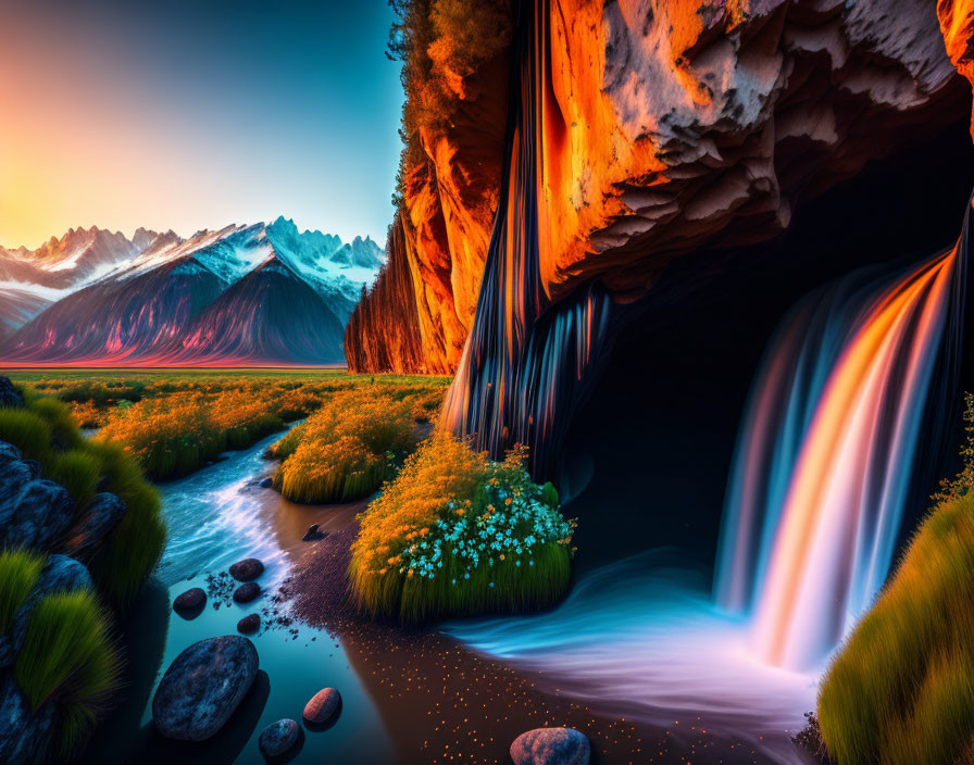 Scenic landscape with meadows, river waterfall, mountains, and sunset sky