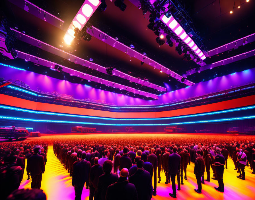 Vibrant purple and blue-lit modern auditorium with LED panels