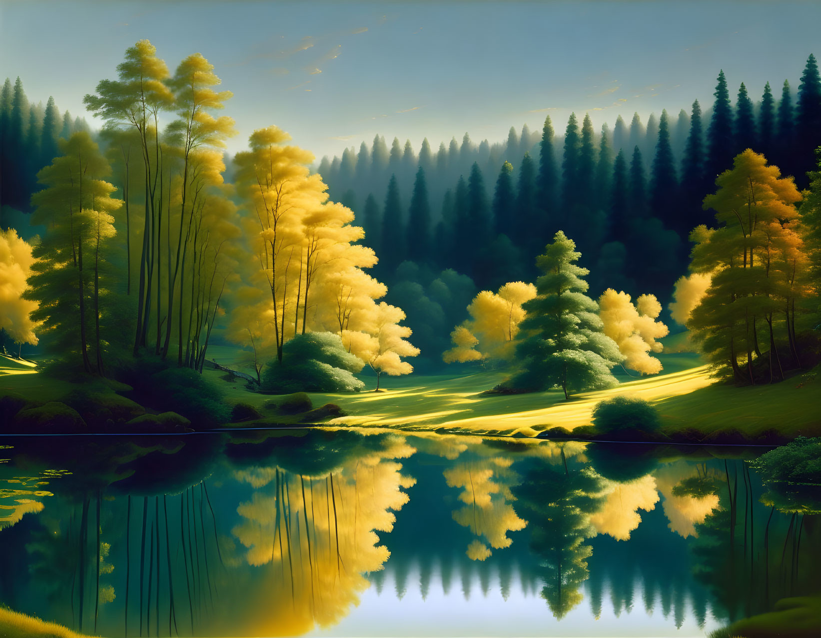 Tranquil Twilight Landscape with Green and Yellow Trees Reflected on Calm Lake