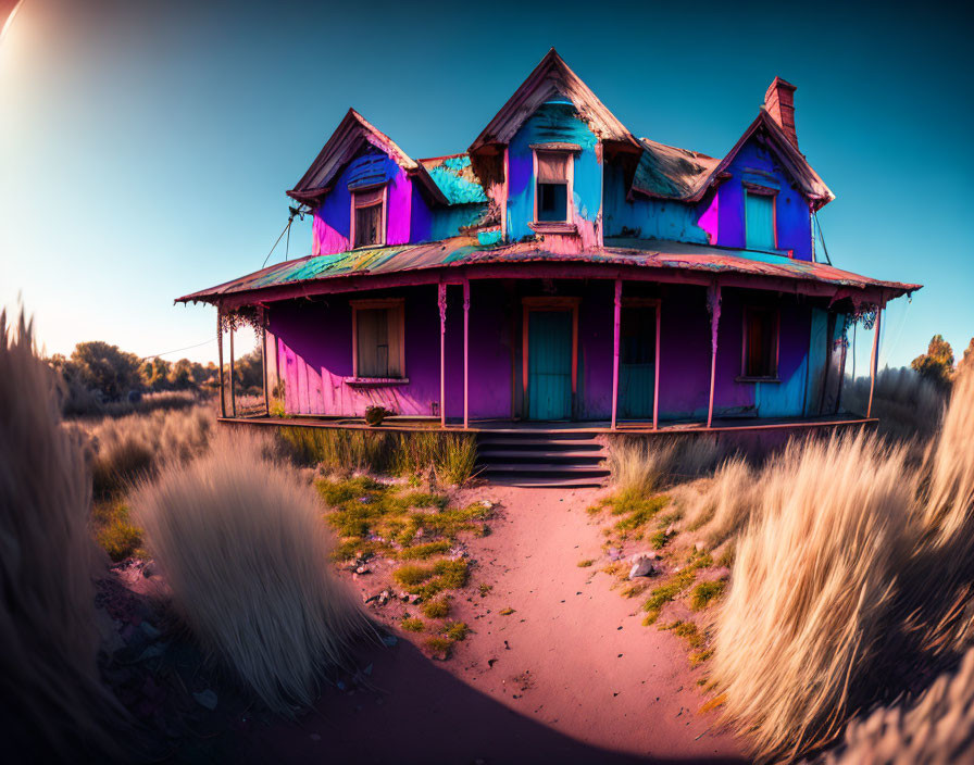 Dilapidated two-story house surrounded by overgrown grass at sunset