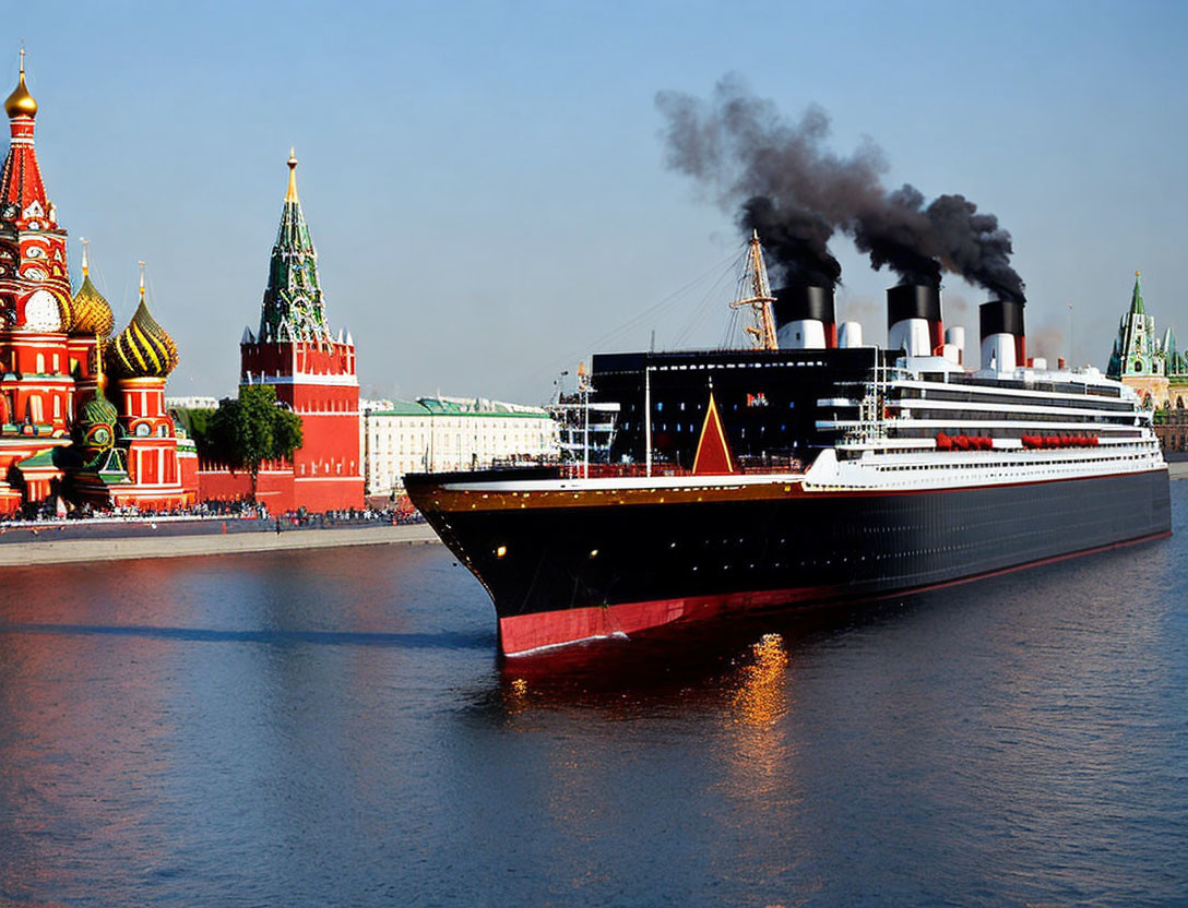 Vintage Ocean Liner with Black Smoke Passing Saint Basil's Cathedral and Kremlin