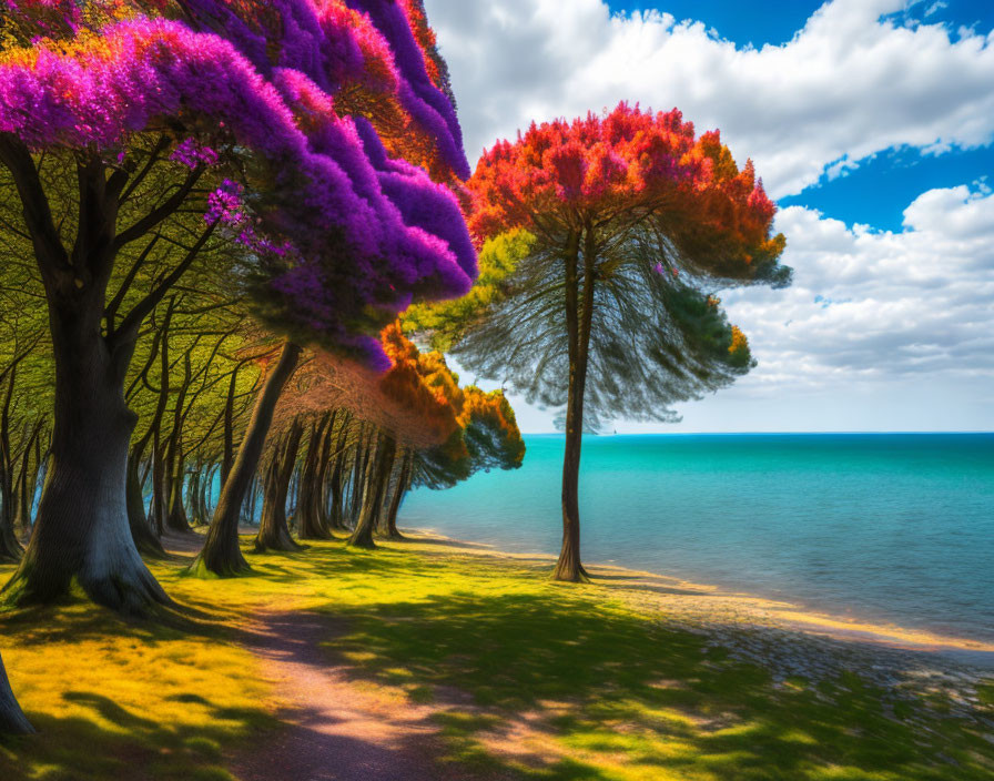 Colorful trees by tranquil lakeshore under blue sky with fluffy clouds.