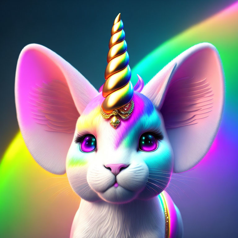 Colorful creature with cat head, large ears & unicorn horn on vibrant rainbow background