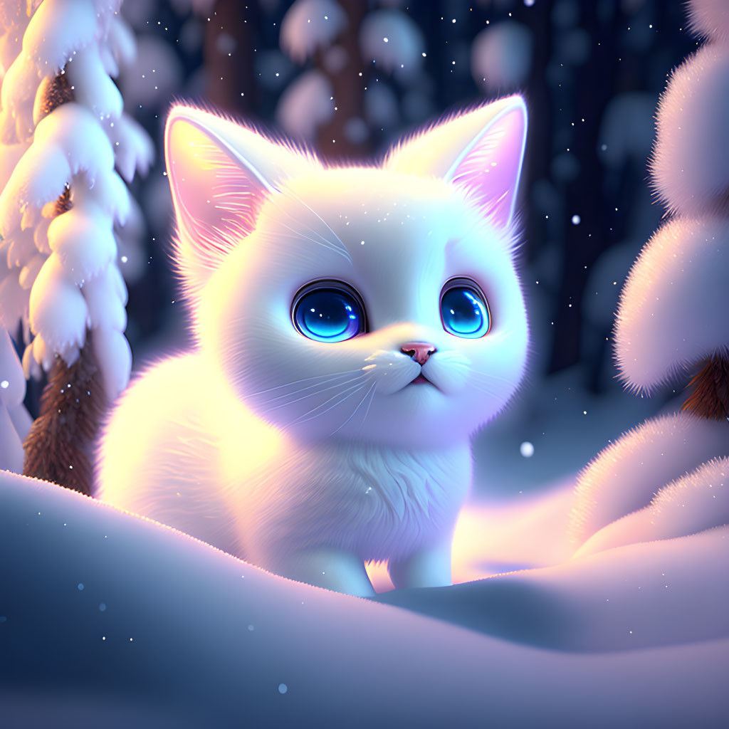 Wide-eyed white kitten with glowing blue eyes in snowy landscape.