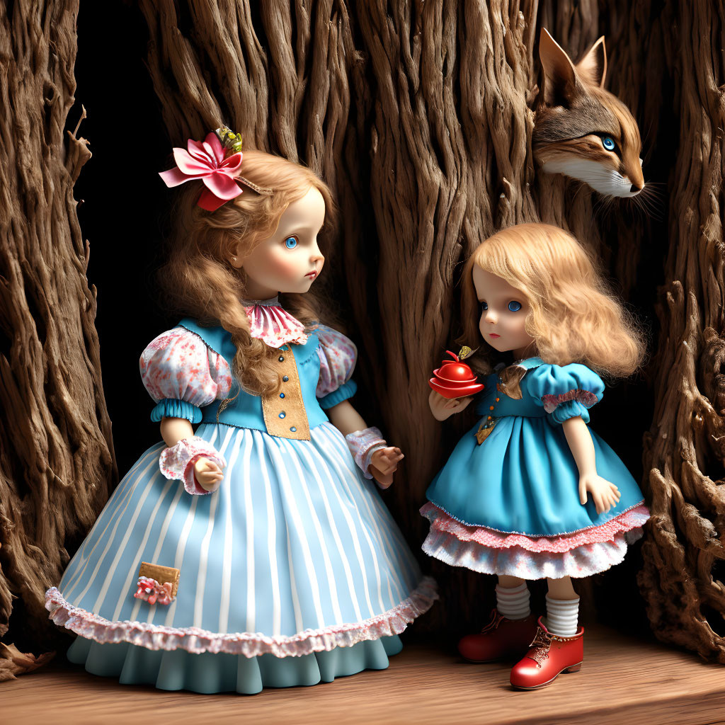 Vintage Porcelain Dolls with Realistic Fox Figure in Wooden Setting