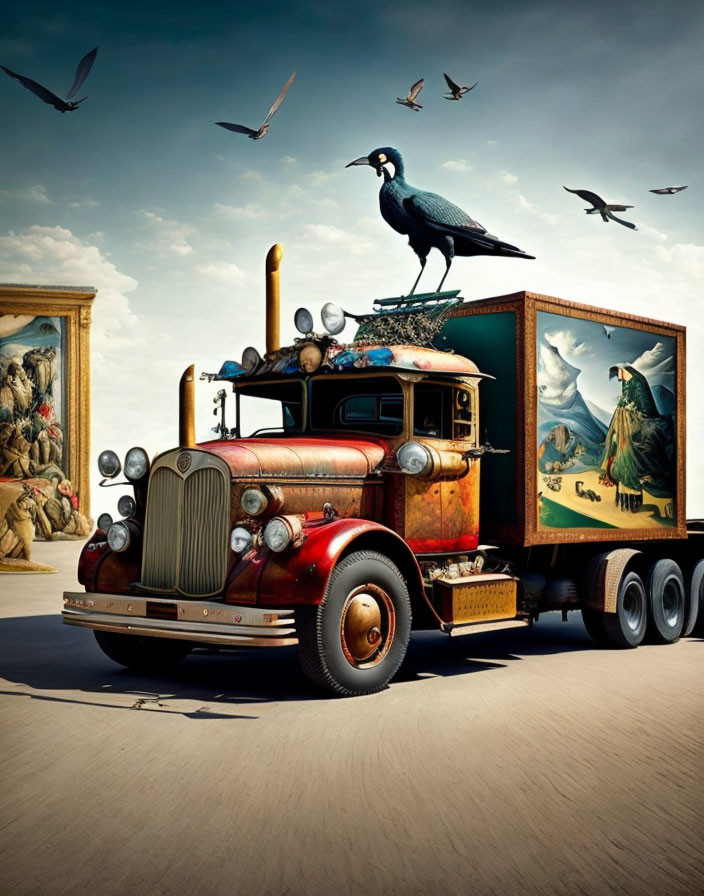 Vintage truck with objects, birds, and maritime-themed paintings under cloudy sky