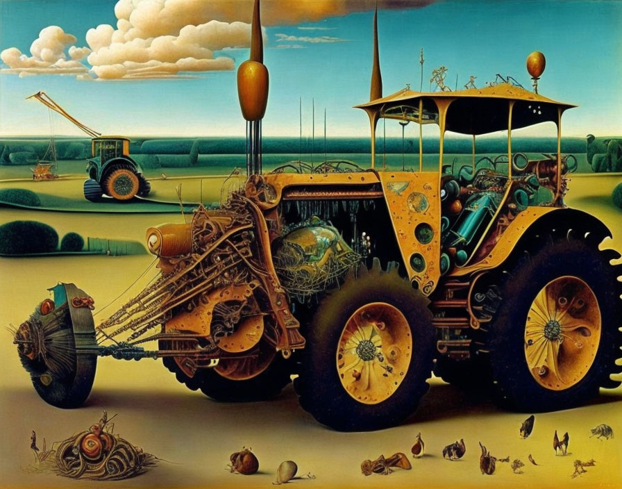 Futuristic surreal painting: ornate golden tractor in pastoral landscape