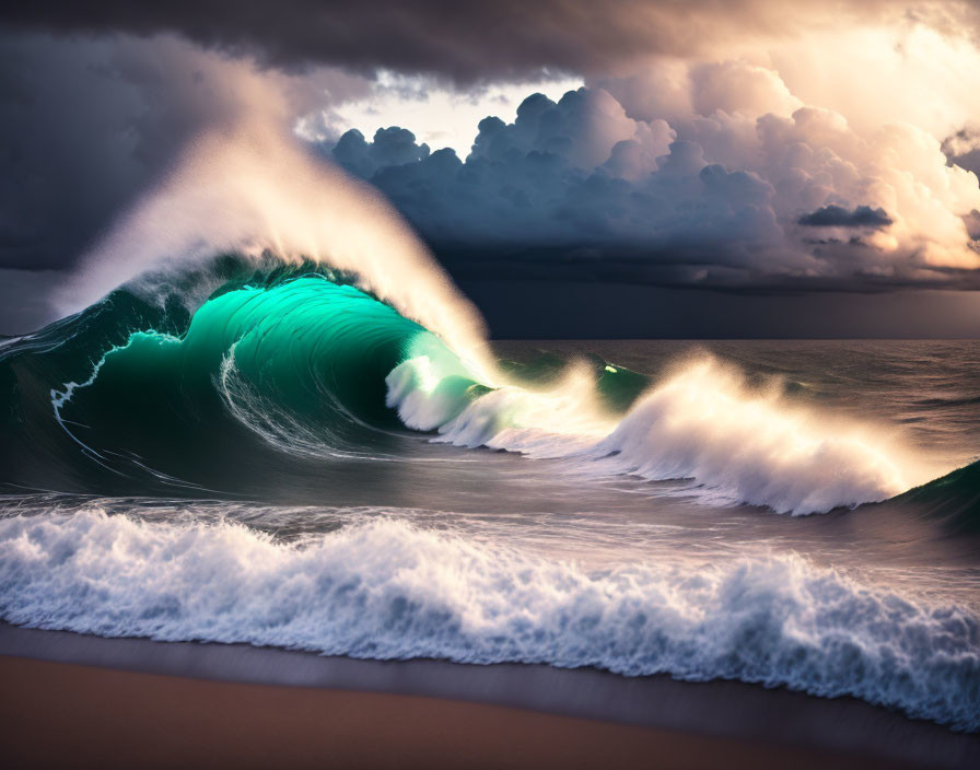 Majestic Green Wave Against Dark Storm Clouds