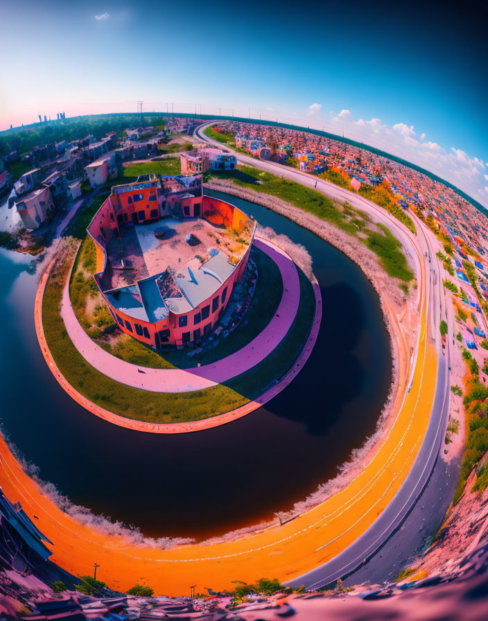 Circular building and curving river in fisheye lens view