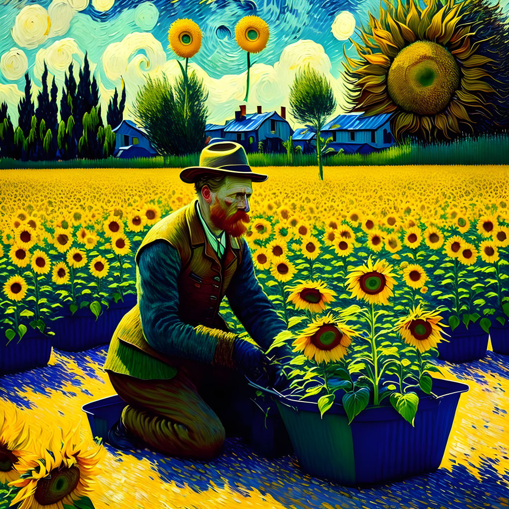 Colorful painting of man with sunflowers in Van Gogh style