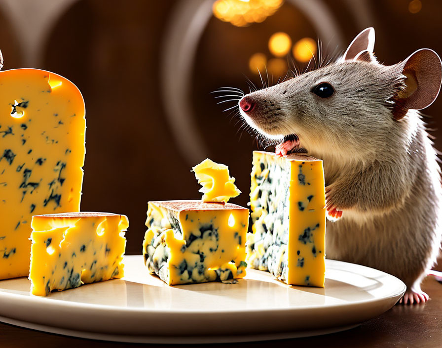 Mouse with yellow cheese chunks on white plate against blurred background