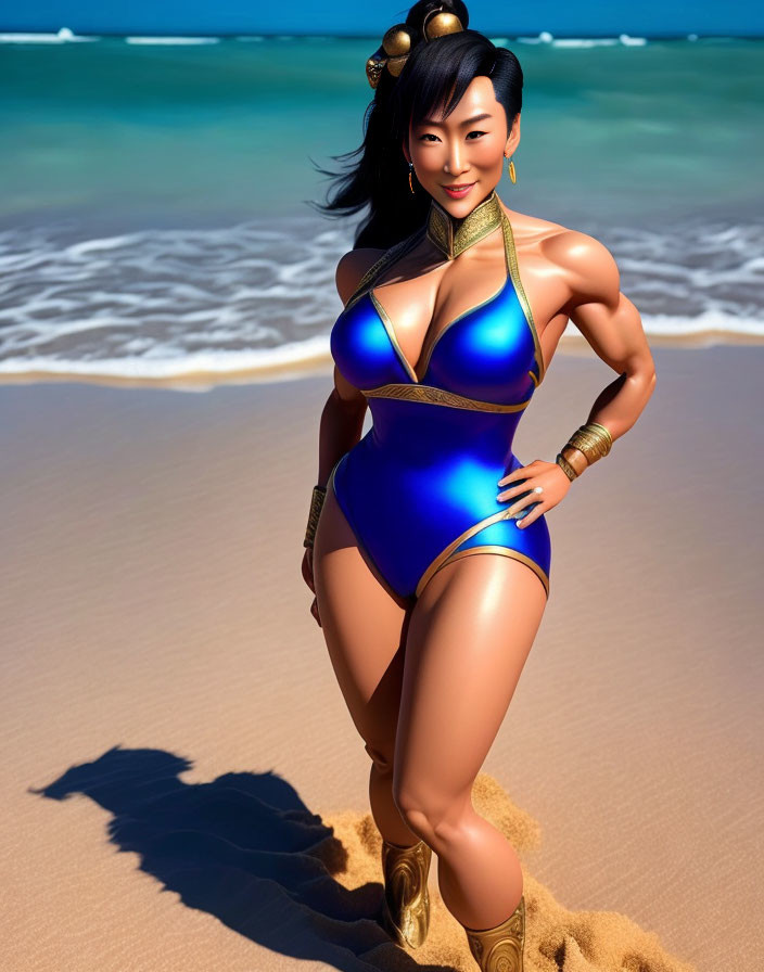 Smiling woman in blue swimsuit on beach with ocean view