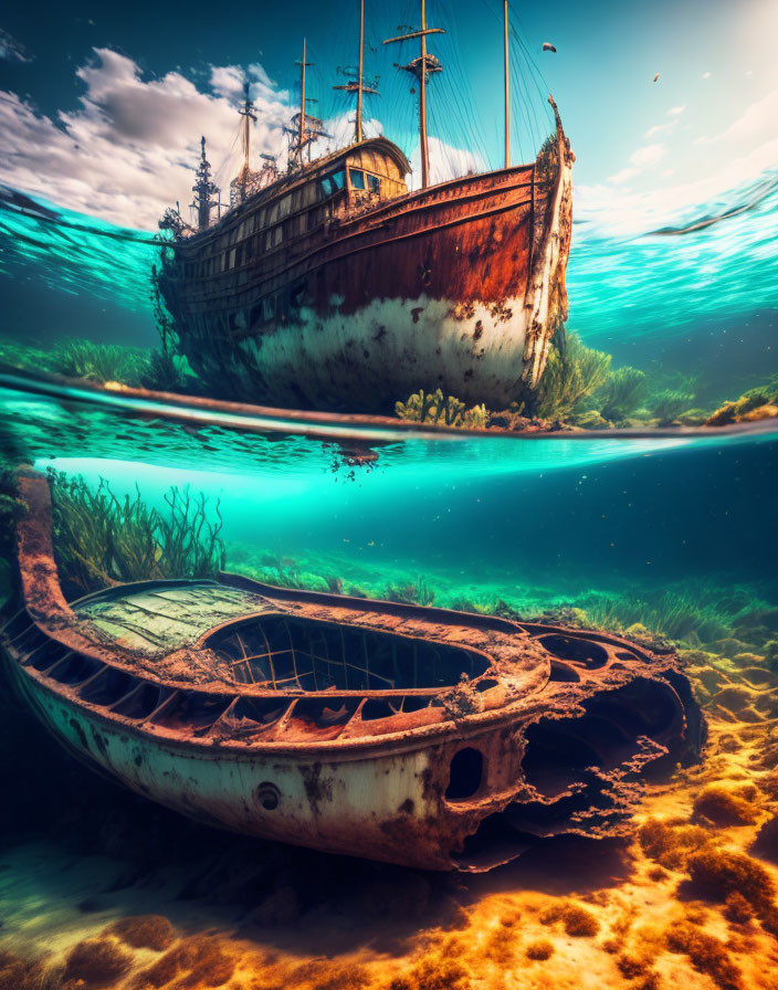 Sunken boat in shipwreck scene with clear blue water and marine backdrop