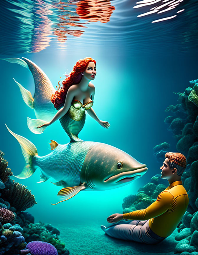 Red-Haired Mermaid Swimming with Fish in Vibrant Underwater Scene