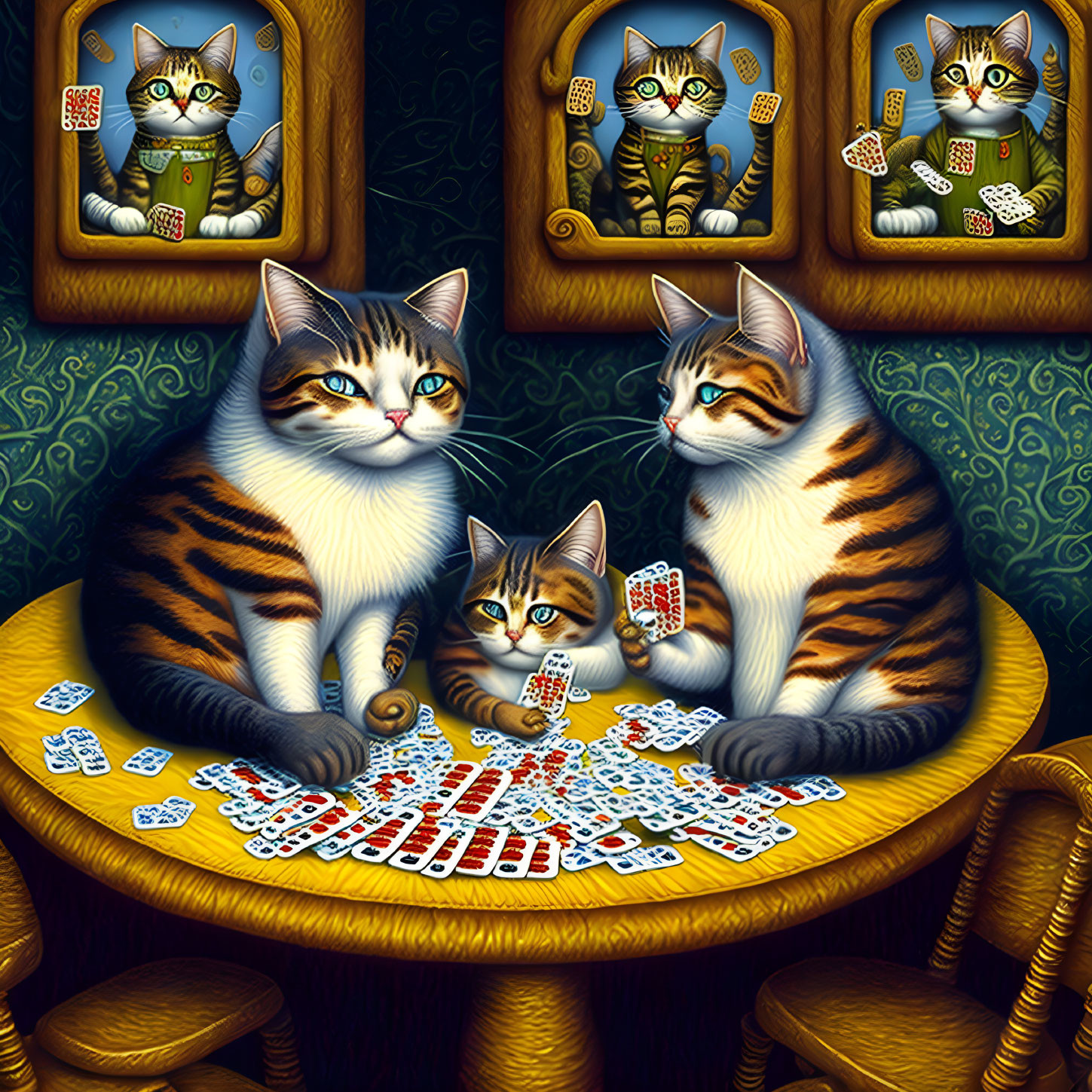 Whimsical cats playing cards in colorful interior