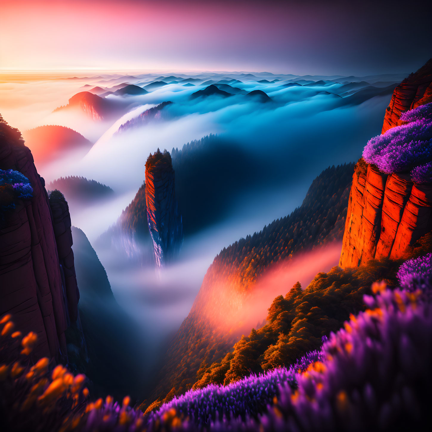 Scenic sunrise over misty mountains, sea of clouds, purple flowers, red cliffs