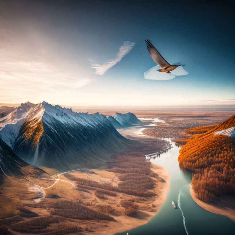 Bird flying over serene landscape with river, mountains, and autumn forests