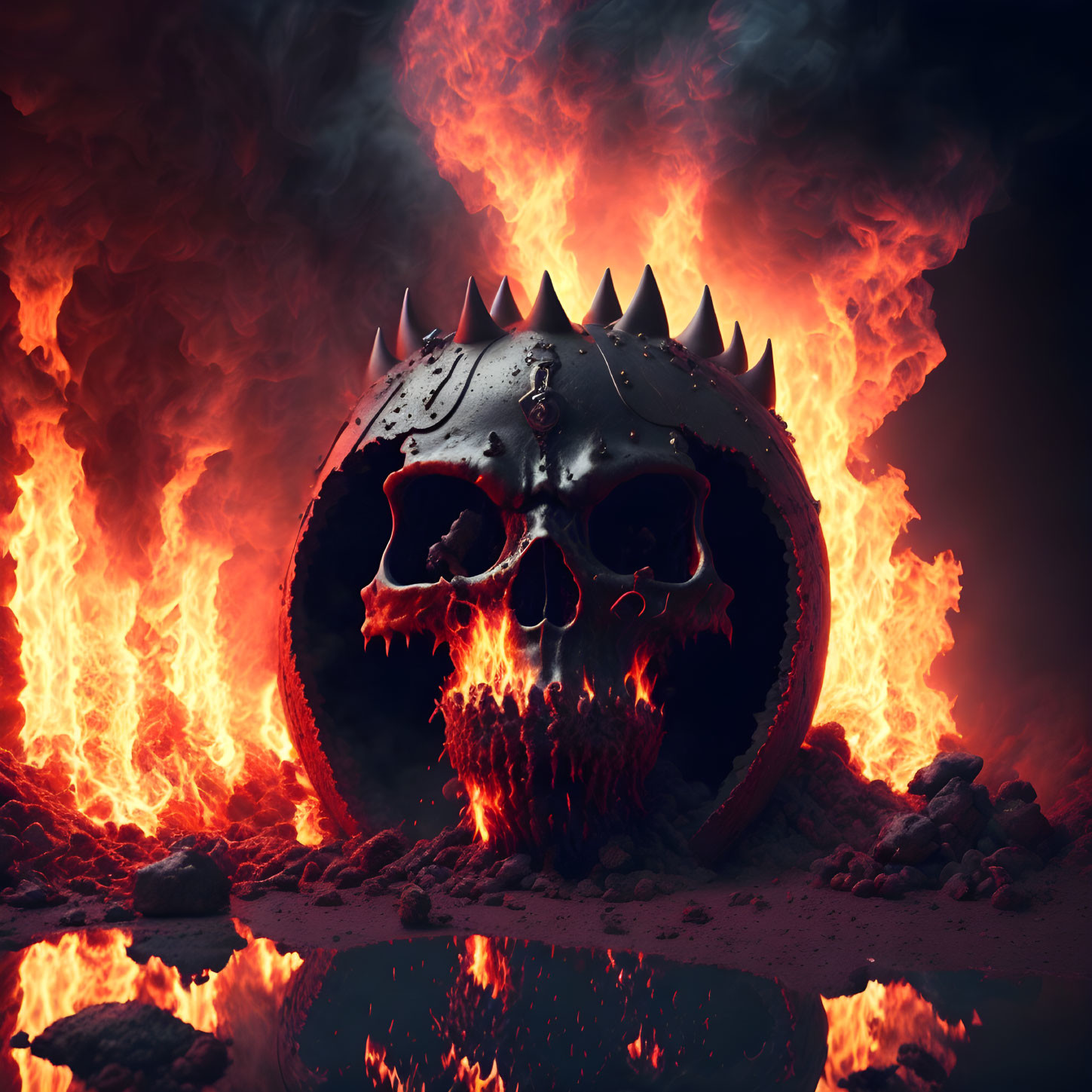 Menacing metallic skull with spikes and flames in fiery surroundings