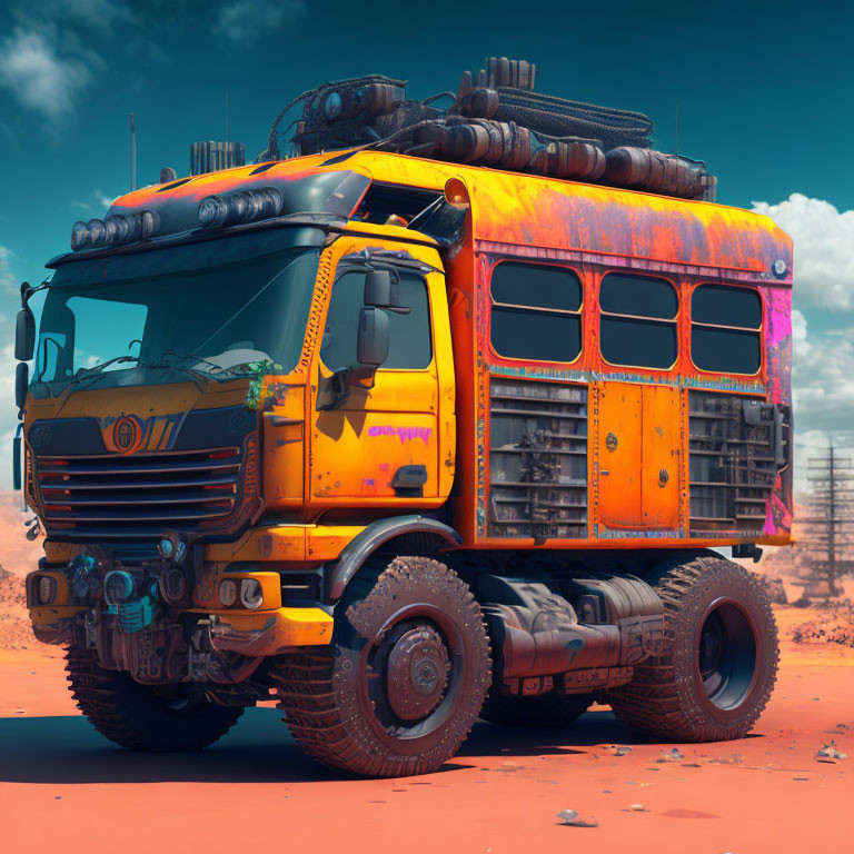 Orange post-apocalyptic bus with oversized tires on dusty red landscape