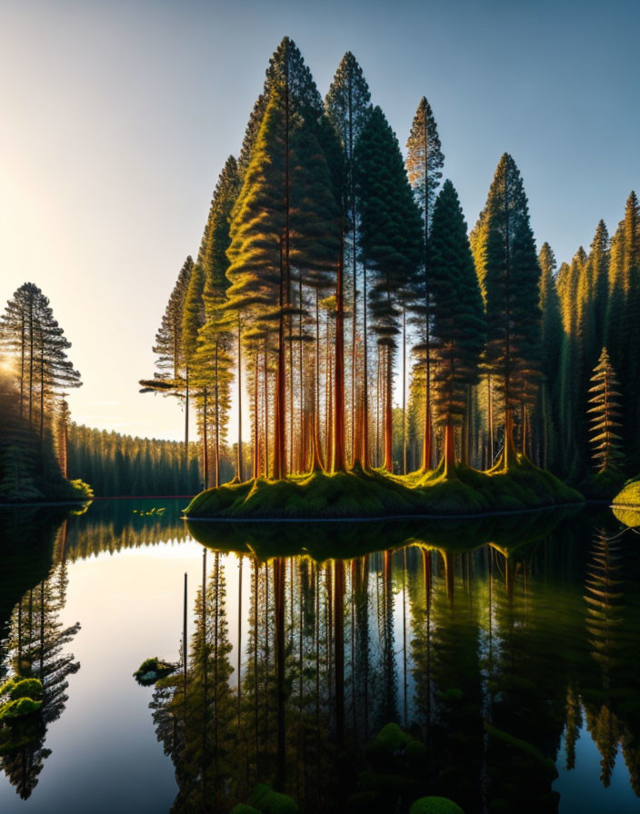 Lake sunset scene with tall pine trees on island