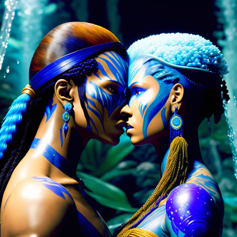 Blue-skinned individuals with tribal markings in close confrontation, wearing blue and gold accessories in a dark jungle