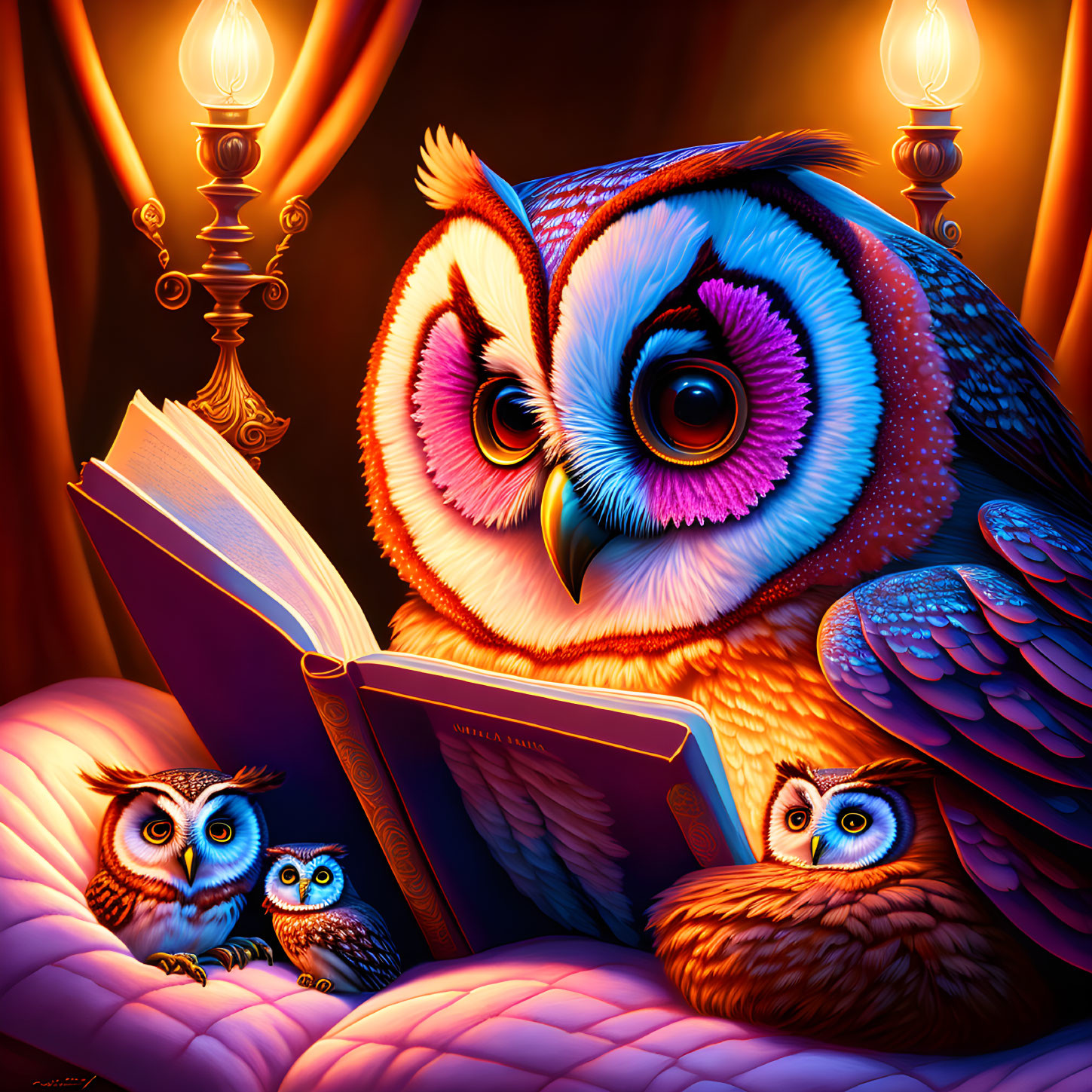 Colorful Illustration of Owl Reading Book by Candlelight