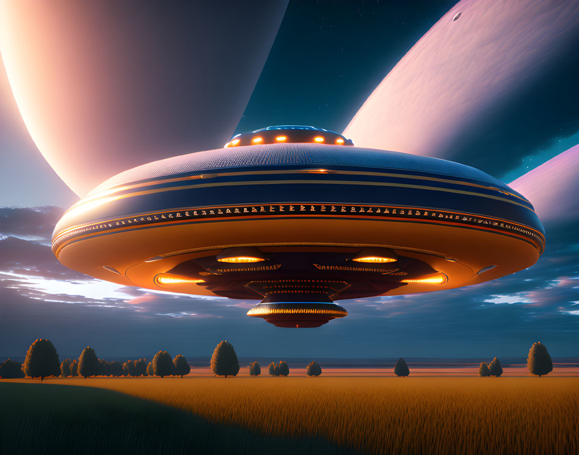 Detailed UFO over serene field with giant planets in twilight sky