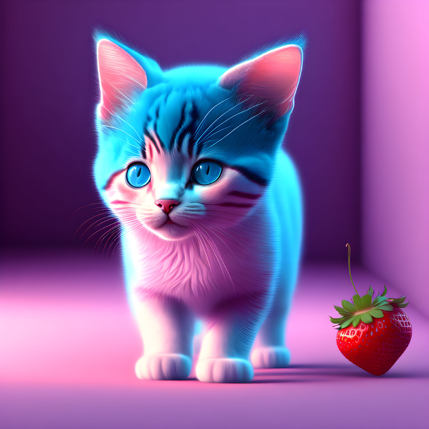 Stylized blue-striped kitten with shiny strawberry under neon lighting