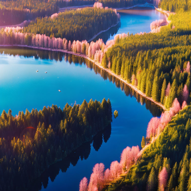 Tranquil lake with winding shoreline, lush forest, and small boats