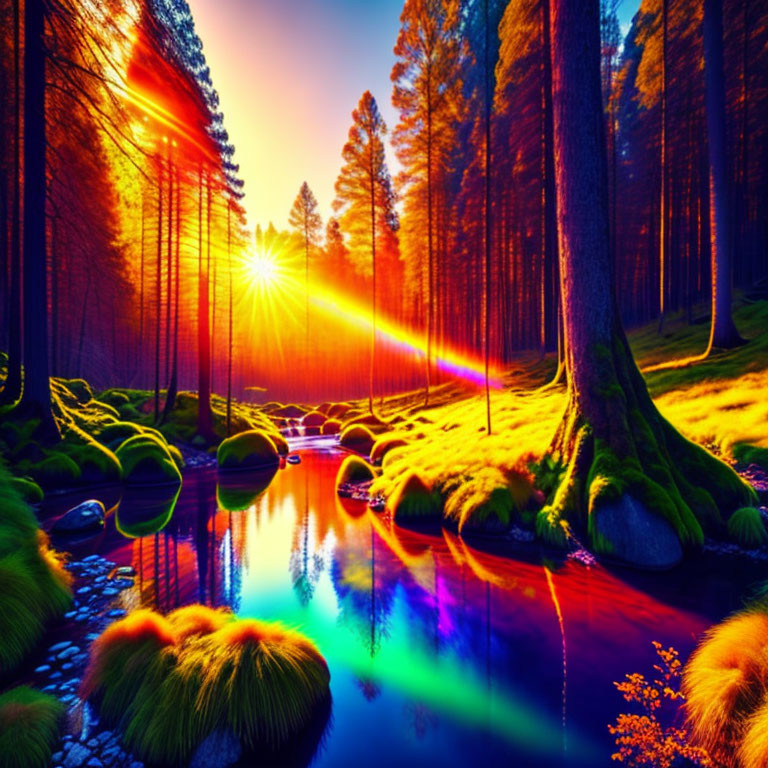 Scenic forest sunset over tranquil river with vibrant colors