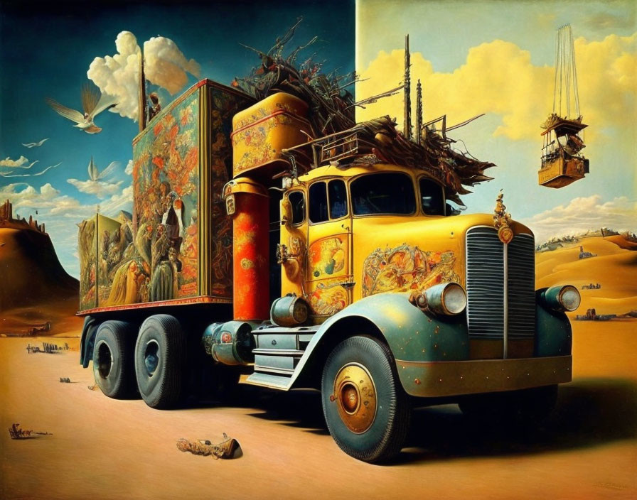 Ornately Decorated Truck Laden with Furniture in Surreal Desert Landscape