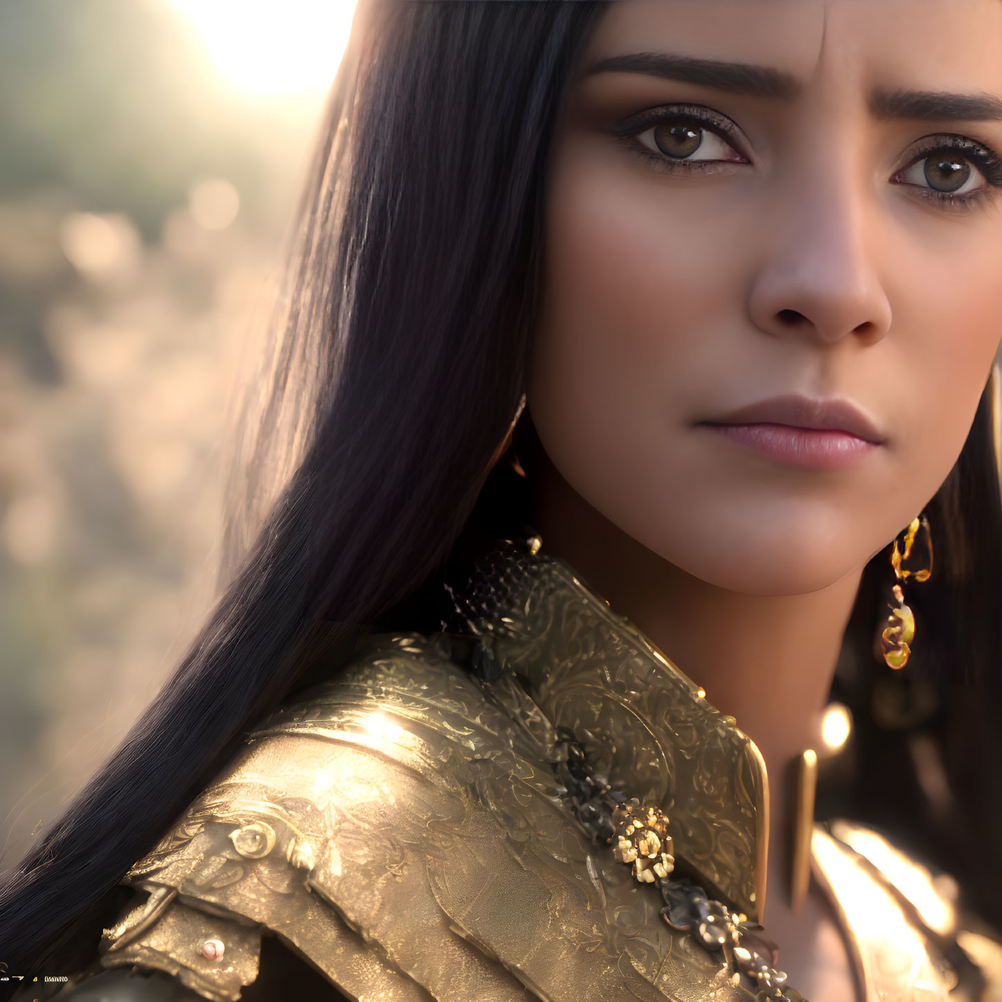 Woman in gold-trimmed armor with long dark hair against blurred backdrop