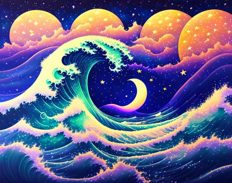 Cosmic wave with moons, stars, crescent moon in galaxy-themed ocean