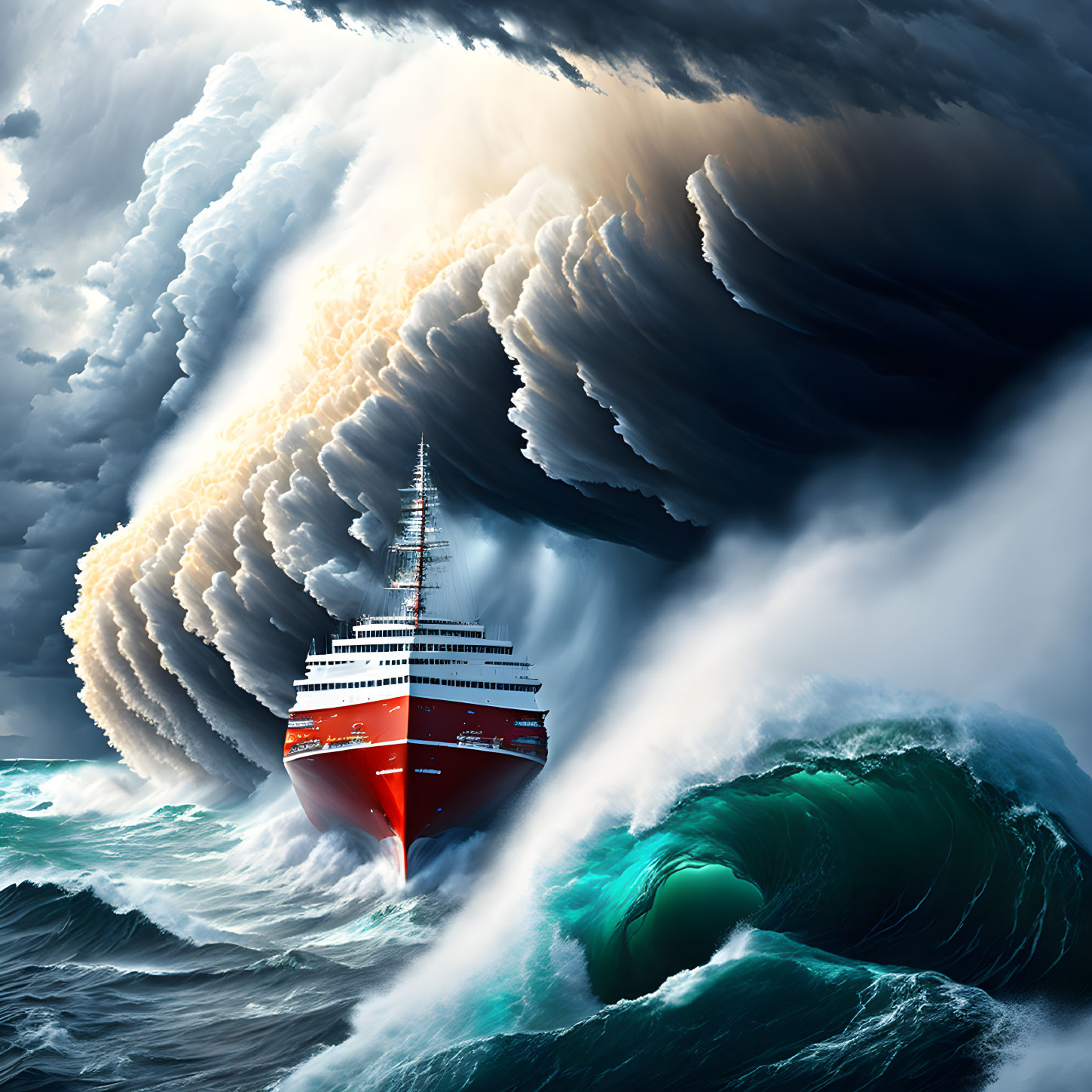 Ship navigating turbulent sea with towering waves and ominous clouds