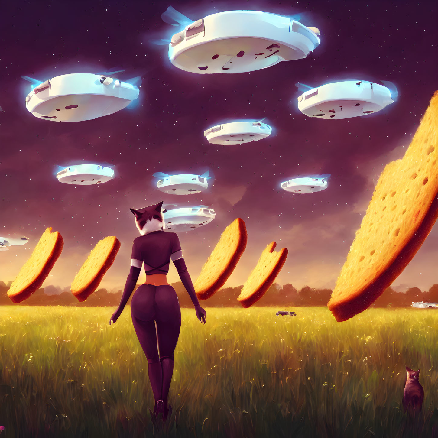 Surreal artwork of humanoid cat, flying saucers, giant toast, and smaller cat in