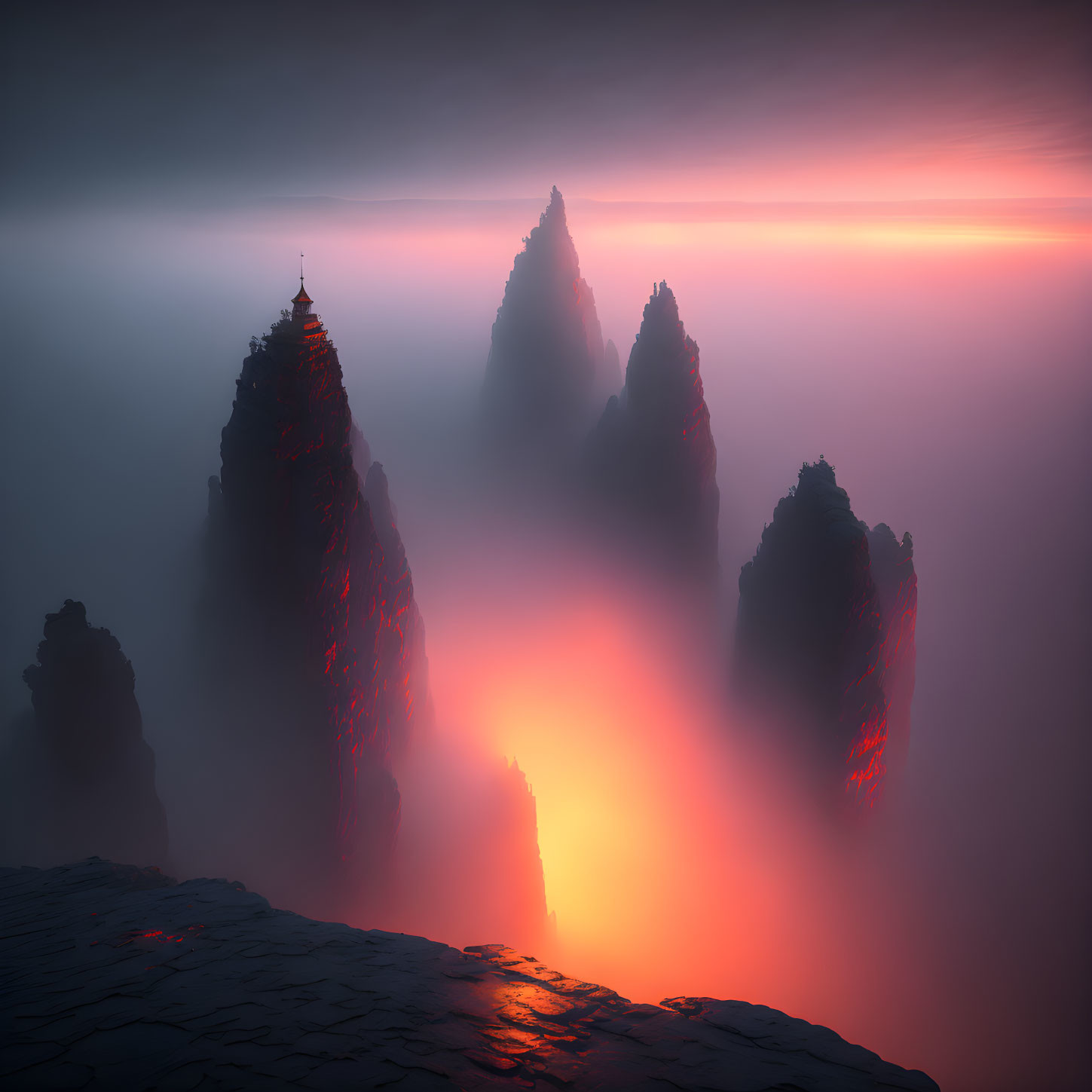 Mysterious Dusk Landscape with Jagged Peaks and Fiery Glow